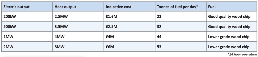 Table showing costs and electric and heat outputs for steam turbine biomass chp using high and low quality wood chips