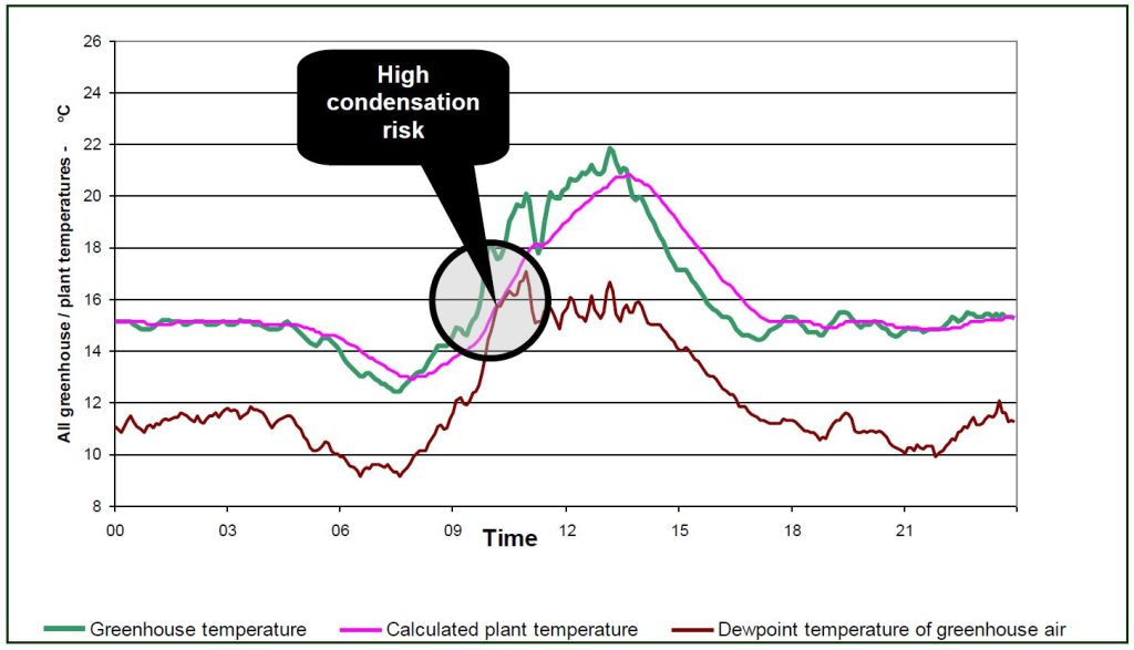 Graph showing greenhouse temperature, calculated plant temperature and dewpoint temperature of greenhouse air throughout a day, where the condensation risk is high when the dewpoint temperature gets close to the plant temperature